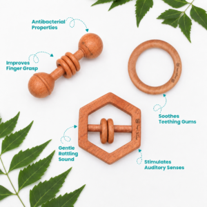 Neem Wood Baby Rattle Combo Set for Infants & Toddlers | Montessori Sensory Grasping & Teether Toys | Early Learning Wooden Toys for Newborn Babies