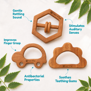 Neem Wood Baby Teether and Rattle Combo Set | 2 Neem Teethers with 1 Rattle | Natural Teething Toys for Newborn Babies and Toddlers | 0-12 Months | Pack of 3 (Butterfly + Bird + Dumbbell with Rings)