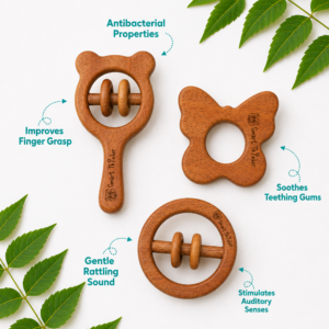SMARTTHINKER Neem Wood Baby Teether and Rattle Combo Set | 1 Neem Teether with 2 Rattles | Natural Teething Toys for Newborn Babies and Toddlers | 0-12 Months | Pack of 3